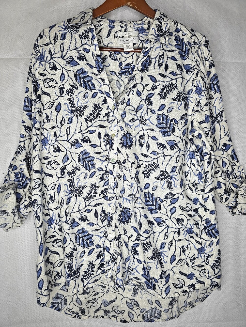 Rachel Zoe Linen Floral Tunic Top Ivory Blue Roll Tab Sleeve Button Front L